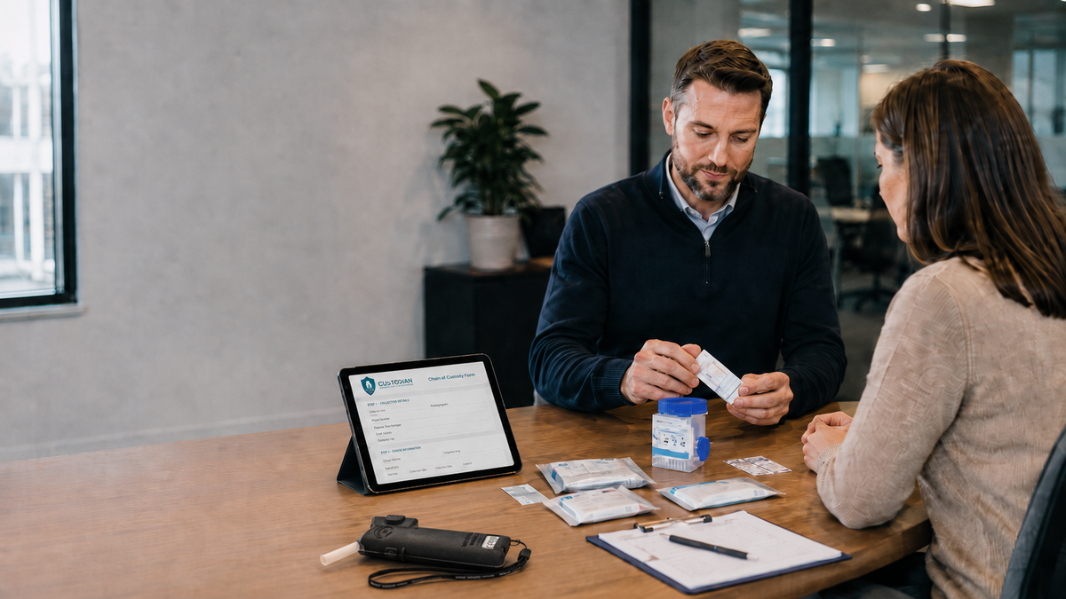 Professional drug and alcohol testing consultation with screening cup, breathalyser and chain of custody form